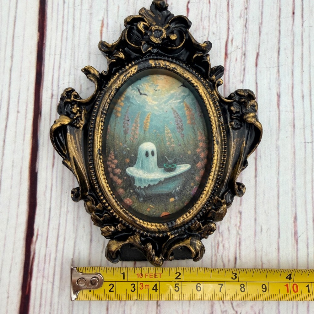 Ghost in Bathtub Art Print Ornate Black Gold Resin Frame Whimsigoth Decor 5.25in - Picture 5 of 6